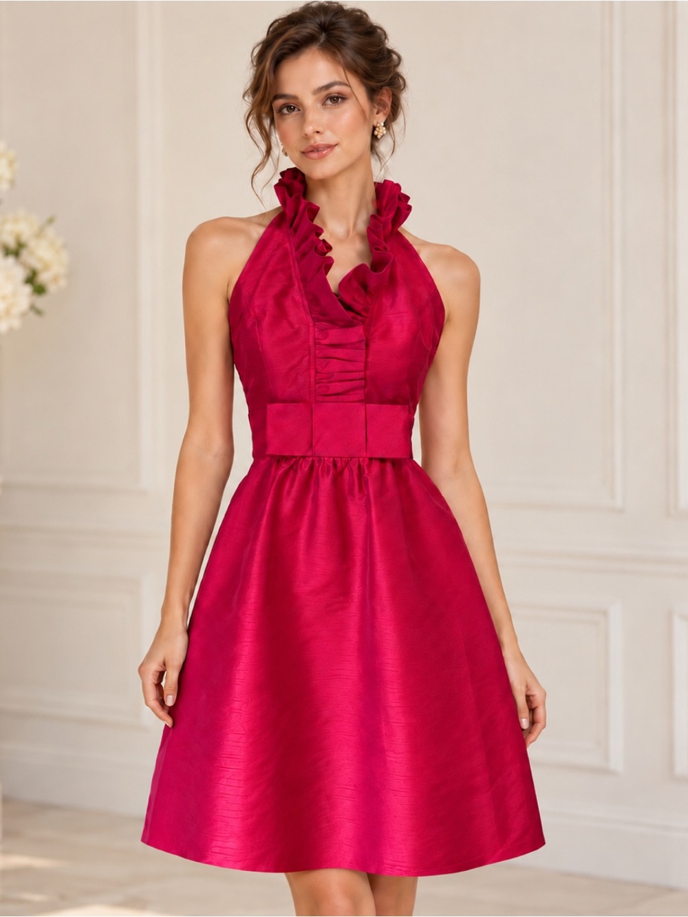 Red Ruffle Halter Cocktail Dress – Fit & Flare Party Dress